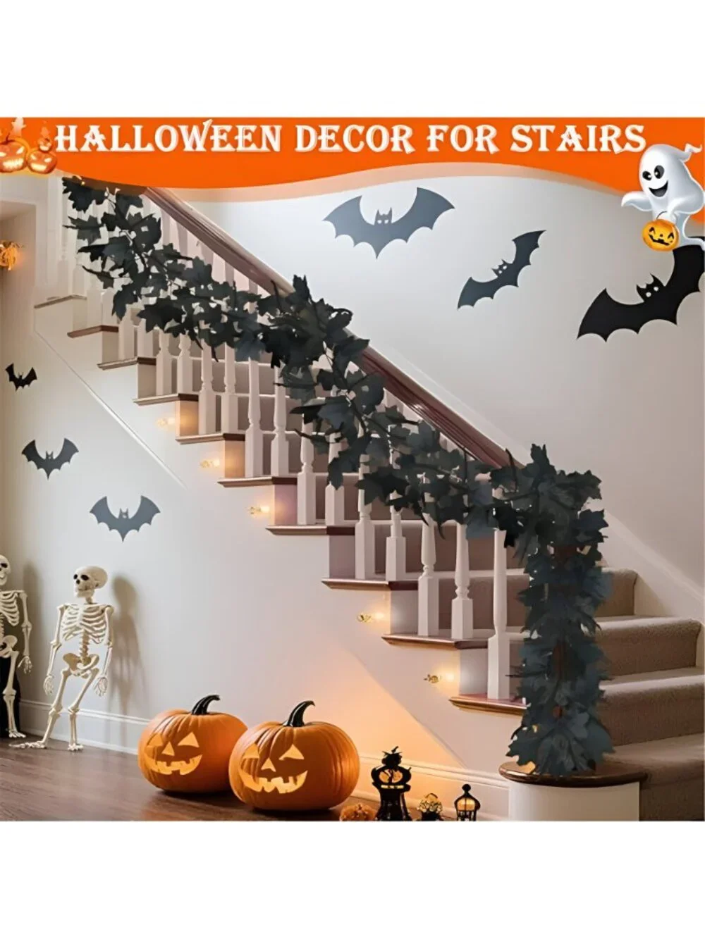 3 Pack Total 18 Ft Black Halloween Garland with Lights for Halloween Decor